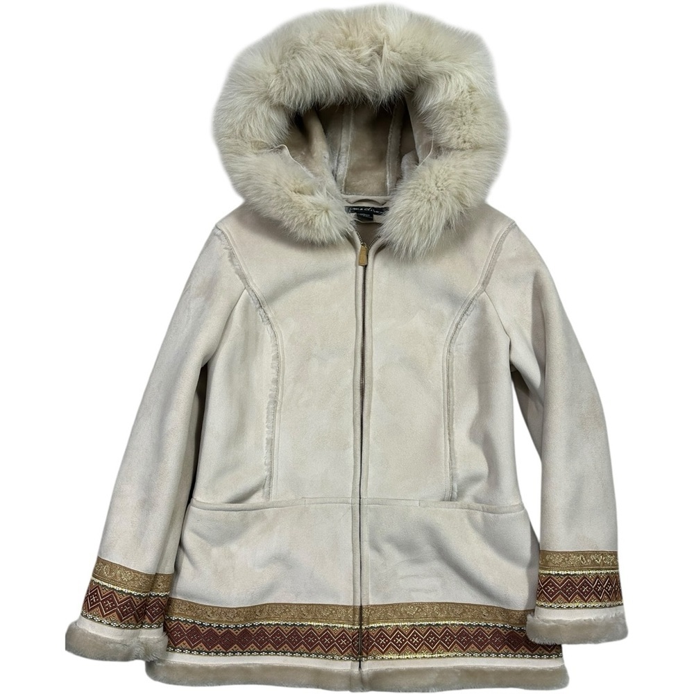 1 Madison Faux Suede Penny Lane Embroidered Hoodie Jacket Coat Fox Tail Fur M